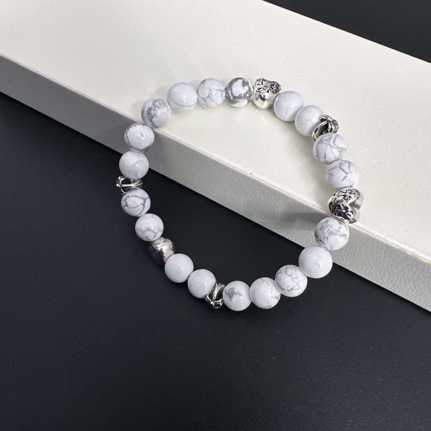 Chrome Hearts White Marble Bead Bracelet with Silver Accents